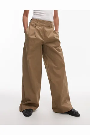 Topshop Pleated wide leg tailored high waisted chino style pants in -Neutral