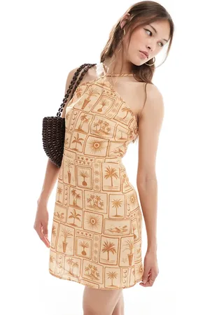 VERO MODA Halter mini dress in tonal postcard print-Multi