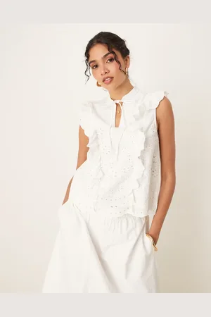 Y.A.S Broderie frill detail tie neck top in white (part of a set)