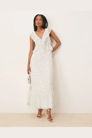 VILA Frill detail maxi dress in blue ditsy floral-White