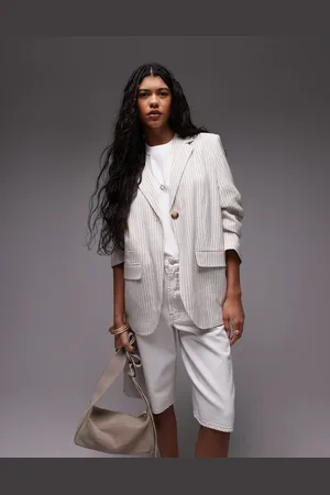 Topshop Linen one button blazer in pinstripe (part of a set)-White