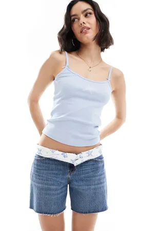 Hollister Low rise baggy denim shorts in dark wash-Blue