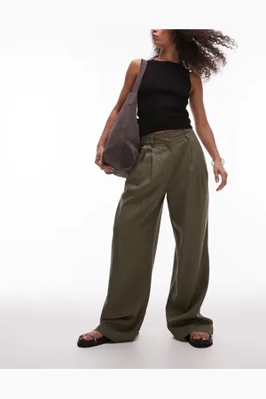 Topshop Linen high waist double pleat pants in -Black
