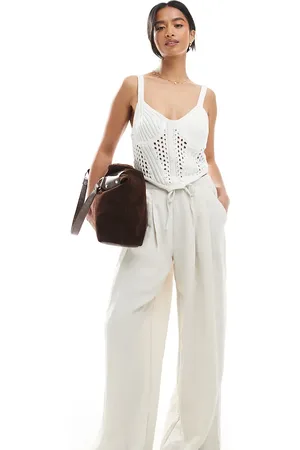 Stradivarius Petite wide leg pull pants in -Neutral