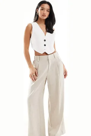 ASOS ASOS DESIGN Petite relaxed straight leg pants with linen in -Neutral