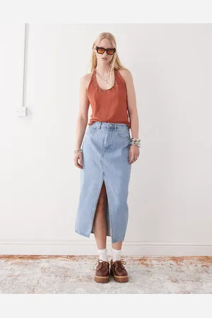Obey Simplex denim midi skirt with front slit in