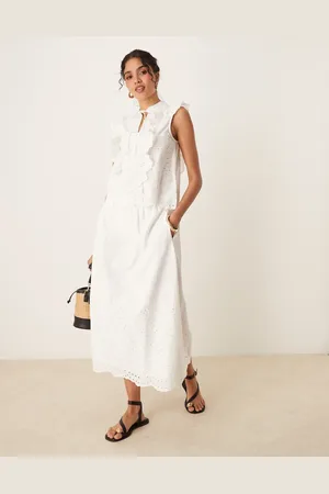 Y.A.S Full broderie detail midi skirt in white (part of a set)