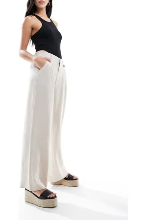 ASOS Relaxed straight leg pants with linen in -Neutral