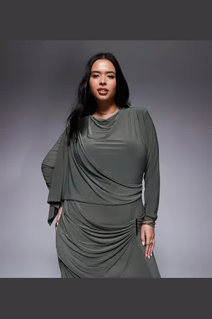ASOS ASOS DESIGN Curve long sleeve drape maxi dress with hitched skirt and trim in -Green