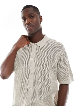 JACK & JONES Premium button through polo shirt in cream texture-White