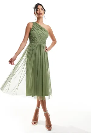 Lace & Beads Bridesmaid one shoulder tulle midi dress in -Green