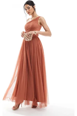 Lace & Beads Bridesmaid one shoulder maxi dress in terracotta-Brown