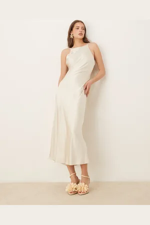 Gina Tricot High neck midi satin dress in light -Neutral