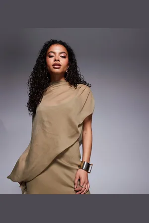 ASOS ASOS DESIGN Petite high neck draped asymmetric mini dress with cut out in -Neutral