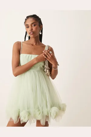 Lace & Beads Bubble hem babydoll tulle mini dress in -Green
