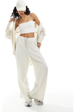 ASOS Wide leg pull on pants with linen in -Neutral