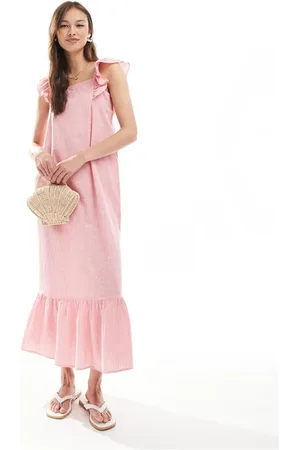 Pieces® Flutter strap tiered cami maxi dress in pink stripe
