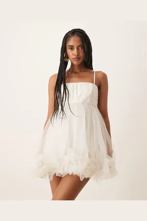 Lace & Beads Bubble hem babydoll mini dress in -White