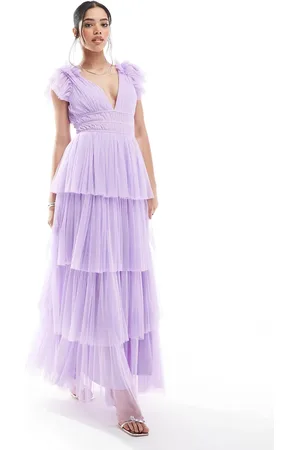Lace & Beads Bridesmaid ruffle shoulder tulle maxi dress in -Purple
