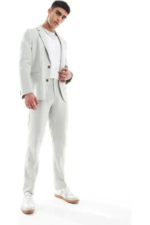 ASOS Slim linen-look suit pants in herringbone-Neutral