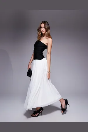 Rare Fashion London one shoulder dropped waist contrast tulle maxi dress in black and white-Multi