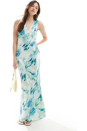 VERO MODA V-neck open back maxi dress in abstract blue print