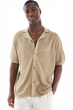 JACK & JONES Oversized button through knitted polo in beige-Neutral