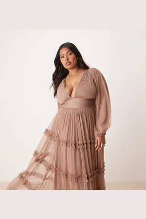 Lace & Beads Boho ruffle maxi dress in soft -Neutral