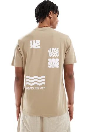 Threadbare 160 GSM graphic back print cotton t-shirt in stone-Brown