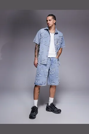 Liquor N Poker Distressed applique denim jorts in light wash blue