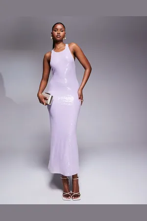 Rare Fashion London sequin racerneck cross back maxi dress in -Purple