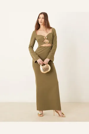 Pretty Lavish Removable gold trim crepe maxi dress in -Green