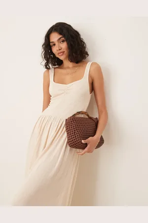ASOS Crinkle sweetheart neck midi dress in -Neutral