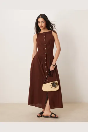 ASOS Slash neck button down waistcoat maxi dress in -Brown