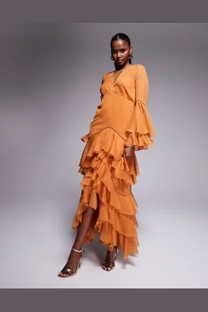ASOS Plunge ruffle tiered maxi dress with lace inserts in