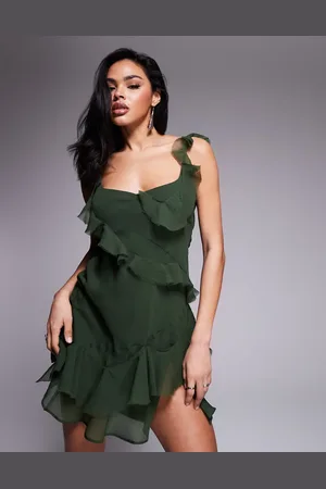 ASOS Raw edge frill mini dress with tie back in -Green