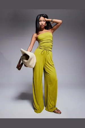 ASOS Crinkle tie waist wide leg pants in (part of a set)-Green