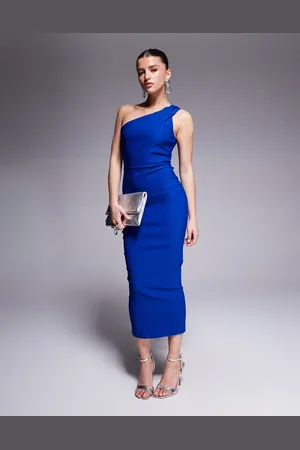 Vesper Bengaline one shoulder strap bodycon midaxi dress in -Blue