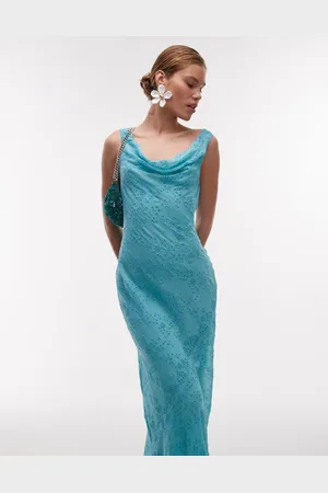 Topshop Premium double layered cowl slip dress with beading and broderie in -Blue
