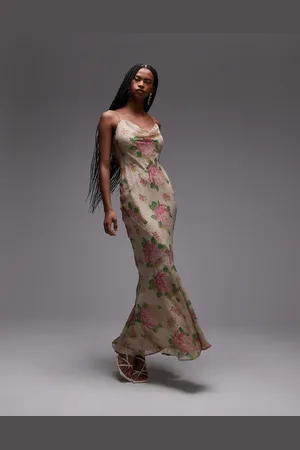 Topshop Double layered satin and chiffon maxi slip dress in print ivory and pink rose