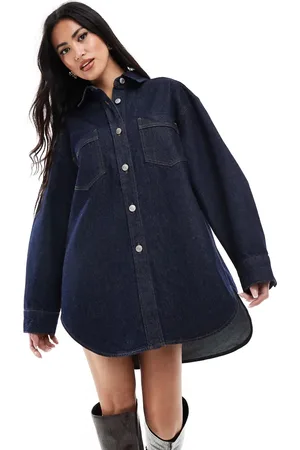 Miss Selfridge Oversized button up denim tunic in mid wash-Blue