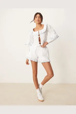 Glamorous Boho ruffle tie detail blouse in white and blue (part of a set)