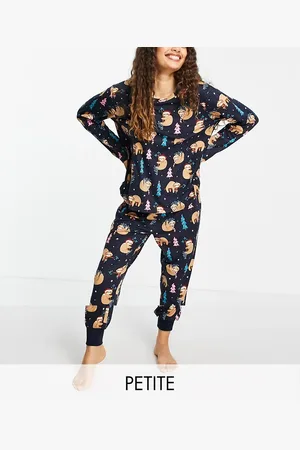 Chelsea Peers Petite Christmas sloth long pyjamas in
