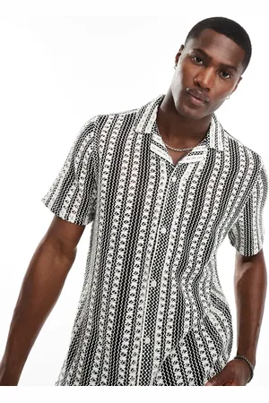 Hollister Short sleeve revere collar stripe crochet shirt in black/white