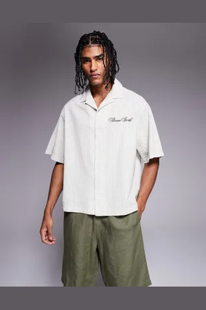 ASOS Boxy oversized shirt in striped seersucker in -Green