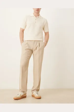 ASOS Smart straight leg pants with front pleats in microtexture-Neutral