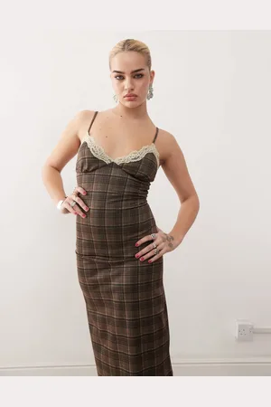 Motel Delfina lace edge check midaxi dress in brown