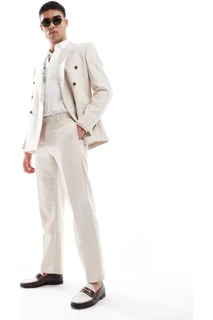 ASOS Wool blend straight leg suit pants in basketweave-Neutral