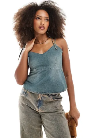 JJXX Denim strappy top in vintage blue