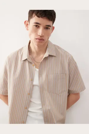 Reclaimed Boxy cropped shirt in beige and blue stripe